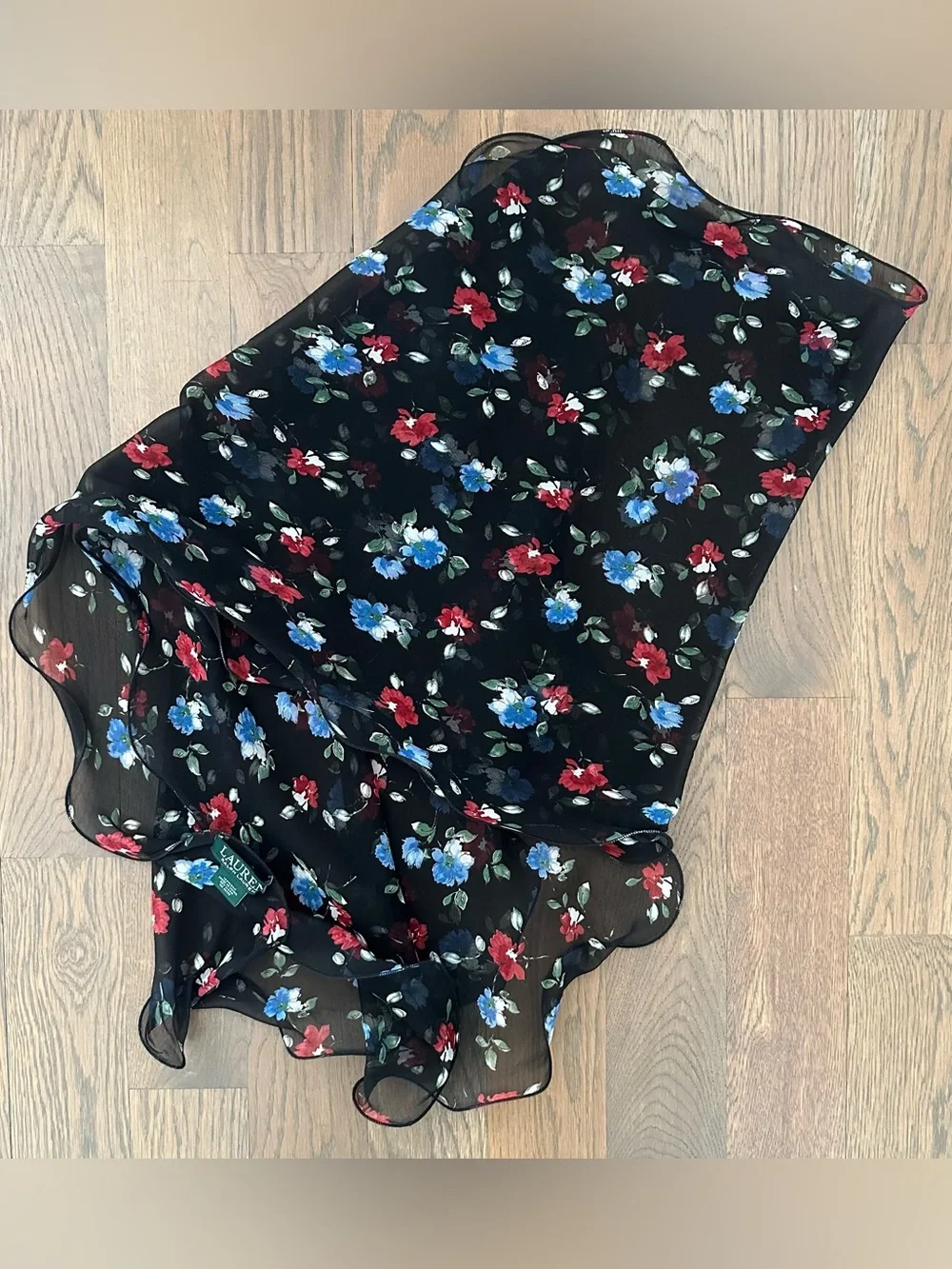 Vintage Ralph Lauren Ruffle Sheer Silk Floral Oblong Scarf Black Multicolor 64